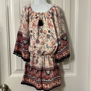 MY MICHELLE GIRLS Floral Lined Romper Size M Pom Pom Fringe with Tassel Tie